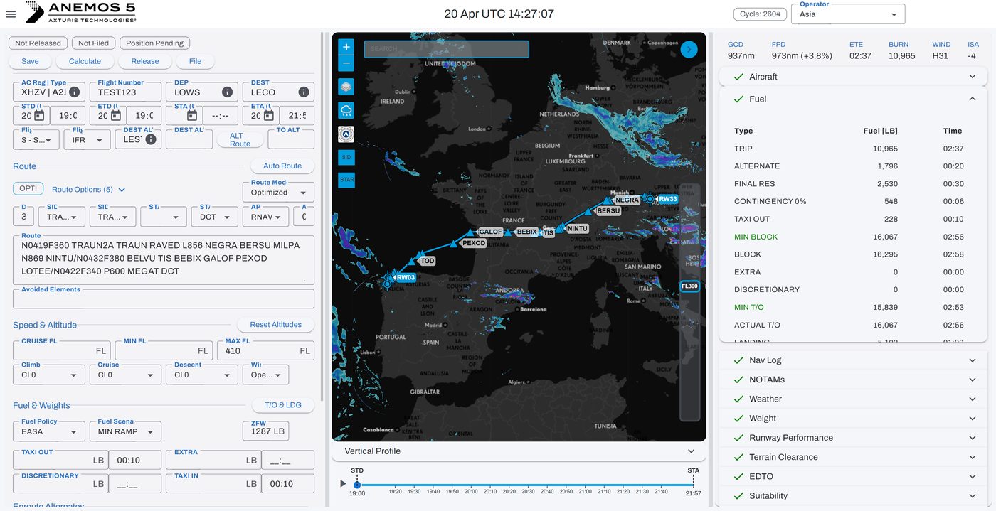 Route, flight plan and fuel calculation in the Anemos 5 flight planning platform
