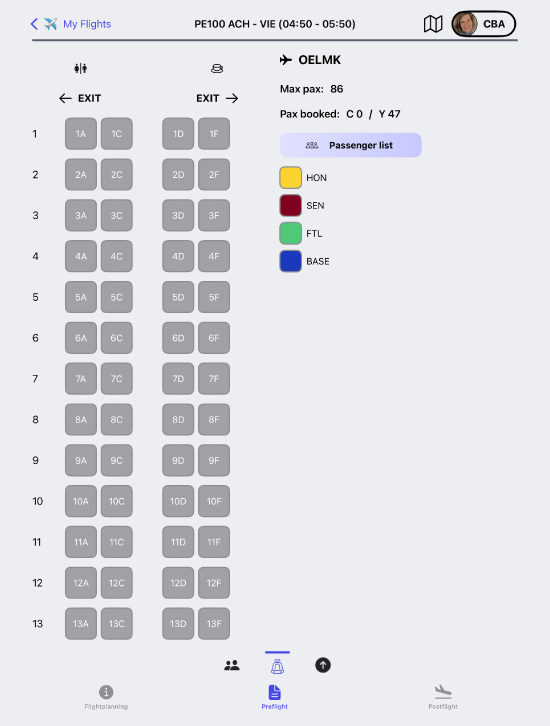 Cabin Crew Mobile App seat map with passenger status