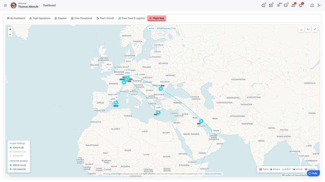 WinOps Dashboard: live flight map with ADS-B positions