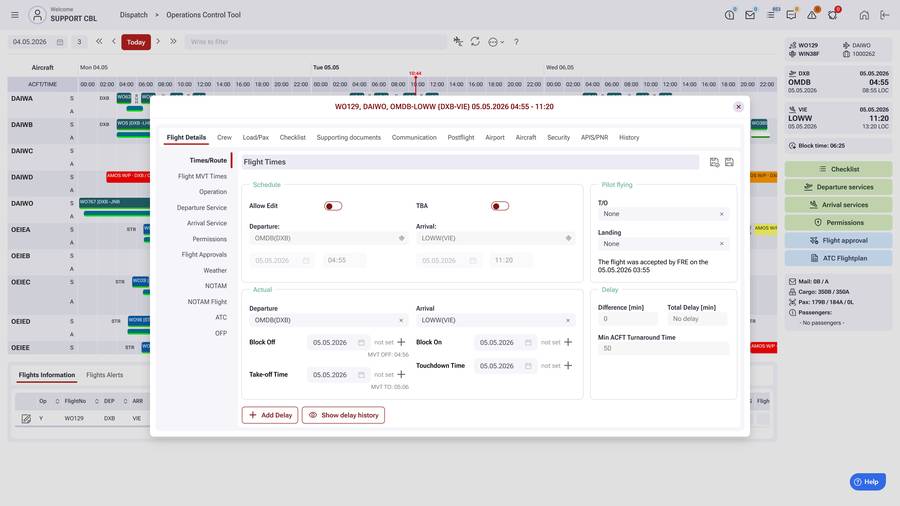 WinOps Operations Control: flight details and services