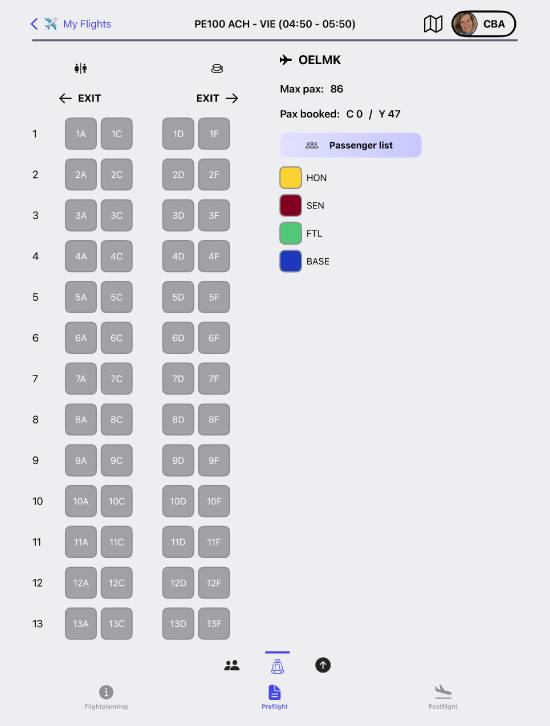WinOps Cabin Crew app: seatmap with passenger status