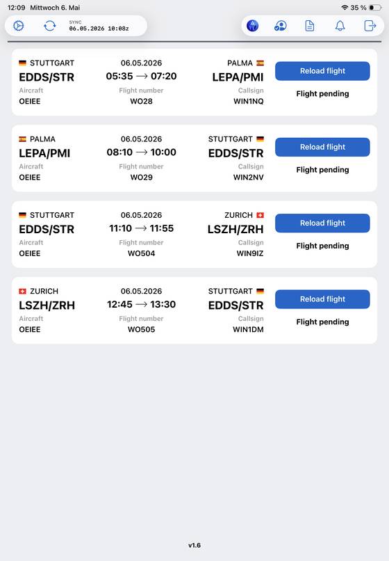 WinOps EFB: duty overview with the day's flights