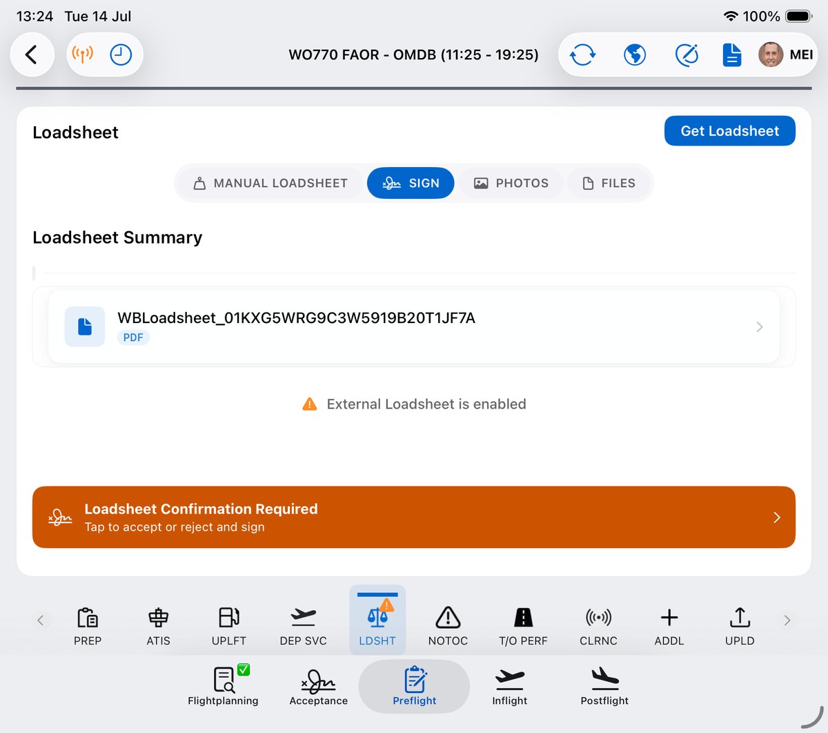 WinOps EFB: external loadsheet delivered to the cockpit, ready for captain confirmation