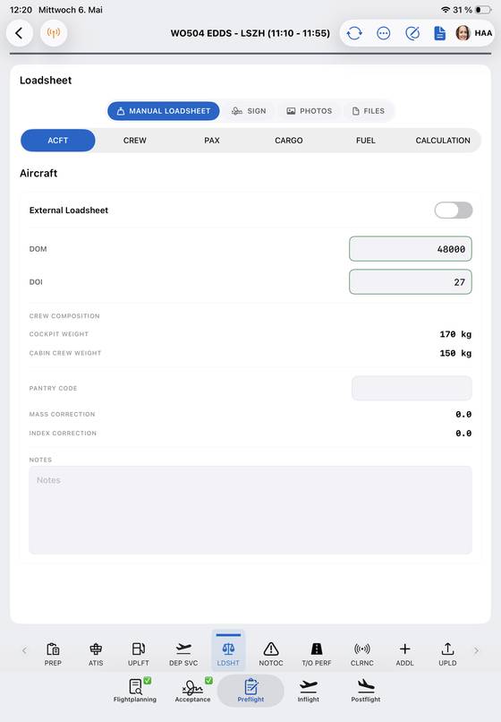 WinOps EFB: preflight loadsheet with digital sign-off