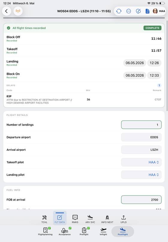 WinOps EFB: postflight record with times, delay codes and fuel