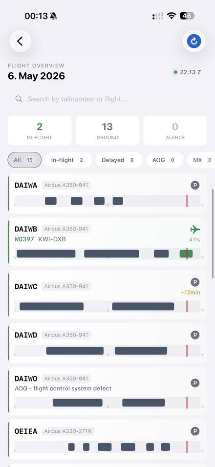 WinOps Employee app: flight overview on iPhone