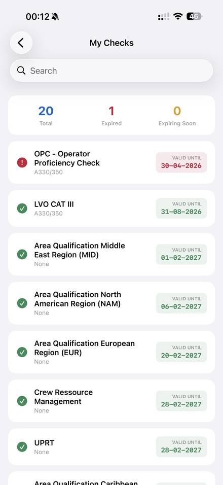 WinOps Employee app: My Checks - qualifications with expiry status