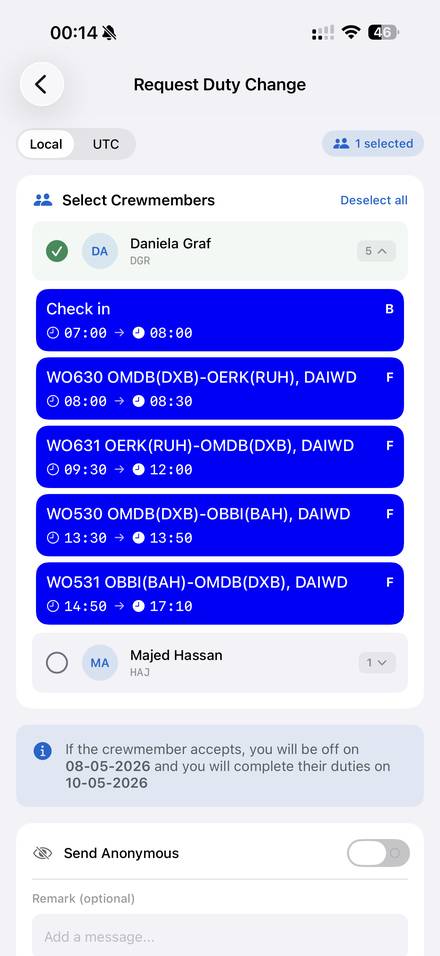 WinOps Employee app: request a duty change with a colleague