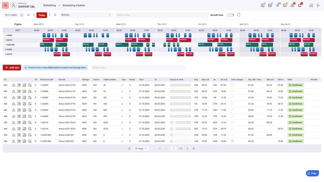 WinOps Flight Scheduling: schedule timeline and flight list