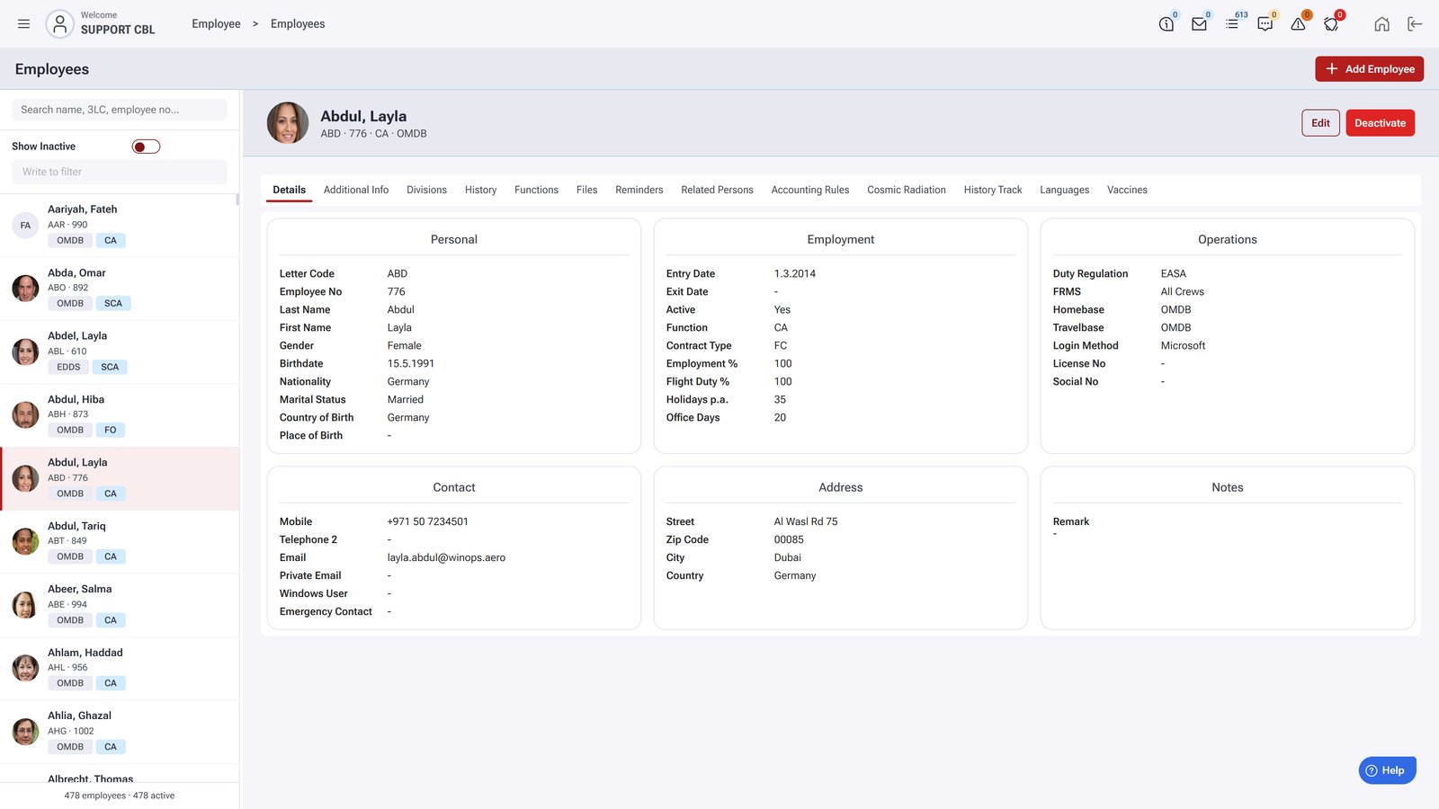 WinOps Employee module: employee master data with personal, employment and operations details