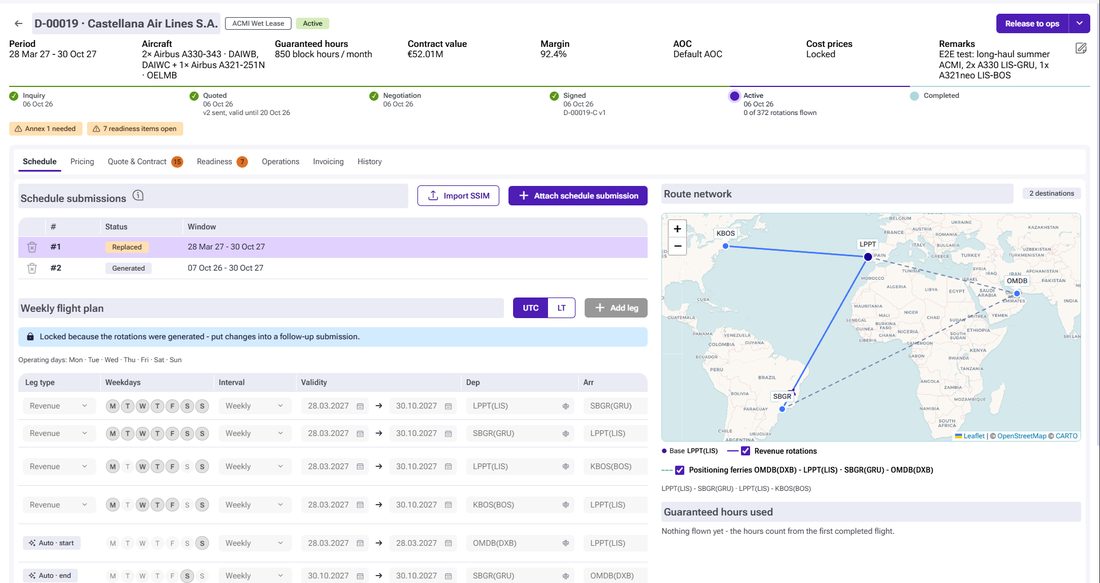 WinOps Commercial Management: wet-lease deal with schedule and route network